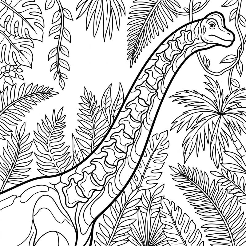 Embark on a prehistoric journey with this captivating Brachiosaurus neck coloring page, thoughtfully designed to provide a relaxing and stimulating artistic experience for seniors. Featuring bold lines and intricate jungle foliage, it offers a perfect blend of engagement and comfort.