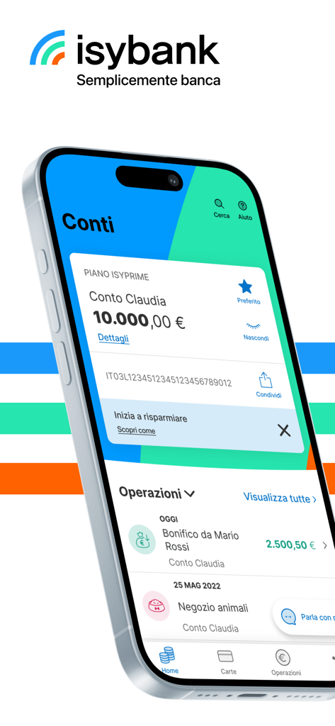 Smartphone screen showing the isybank app interface with account balance and transaction history