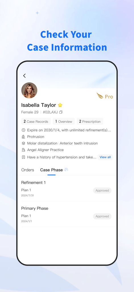 Ecrã de informações detalhadas de caso do paciente mostrando fases de tratamento e detalhes clínicos na app Angel Aligner iOrtho