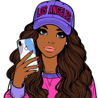 realistic beautiful girl wearing los ángeles cap holding an iphone
