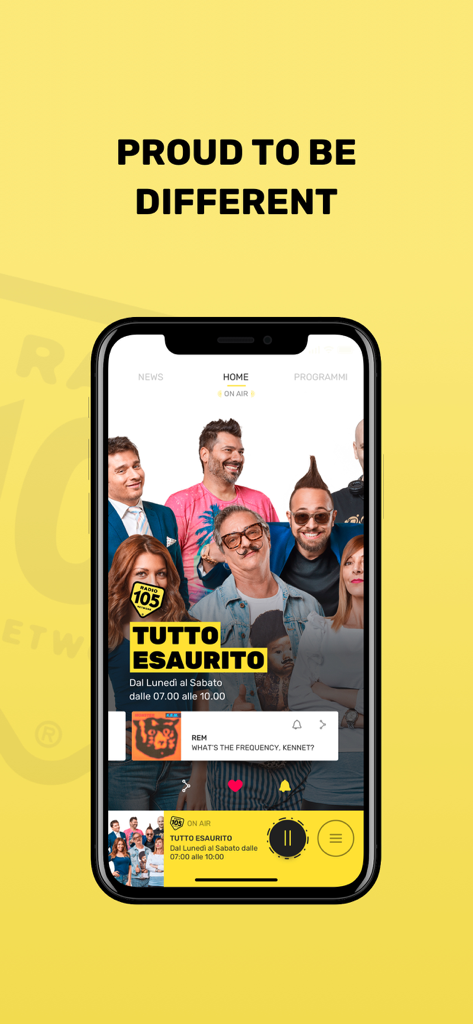 Radio 105 - iPhone displaying the Radio 105 app home screen with the Tutto Esaurito show hosts