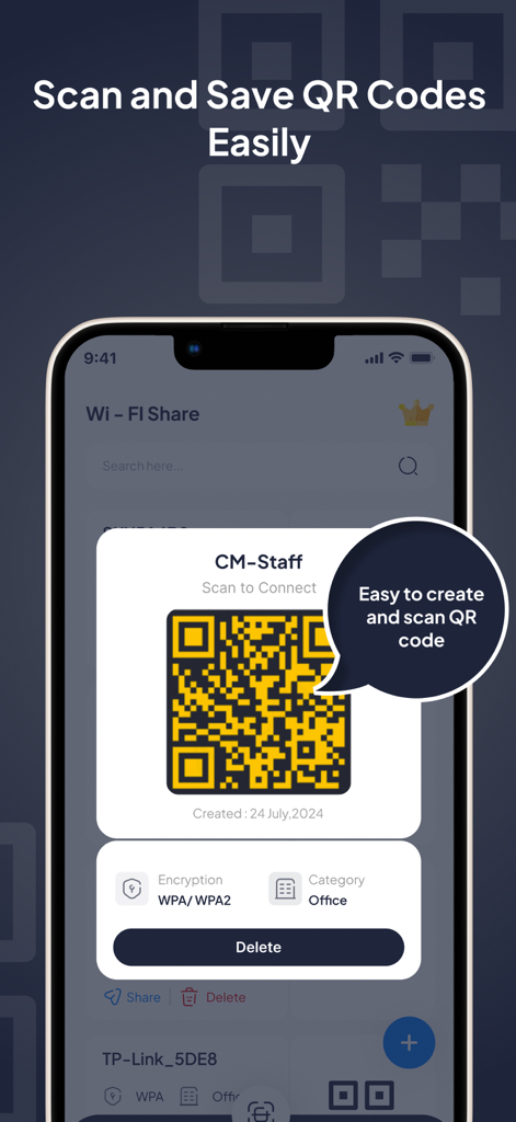 Interface of the WiFi QR Code app showing a generated QR code for office network connection