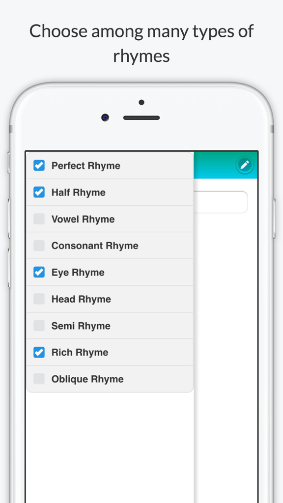 Rhyme Dictionary by Rhyme Time - A list of rhyming options including perfect rhyme and half rhyme in the Rhyme Time app