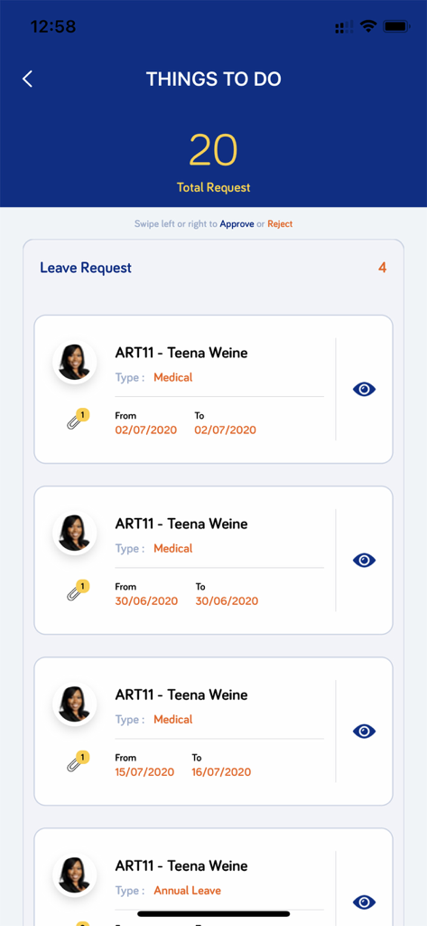 Manager view in MiHCM app showing a list of employee leave requests to approve or reject.