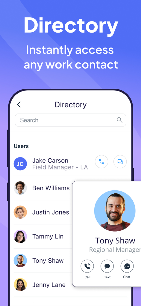 Interfaccia della directory dei dipendenti dell'app Connecteam che mostra un elenco ricercabile di membri del team e un profilo di contatto per un manager regionale.