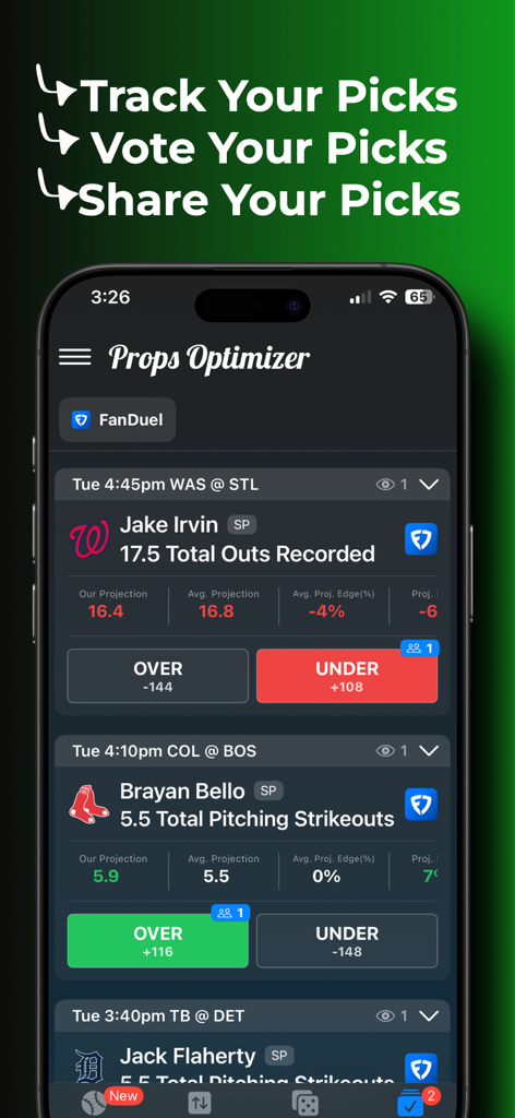 Props Optimizer mobile app interface showing player prop betting lines with over under voting buttons for sports bettors.