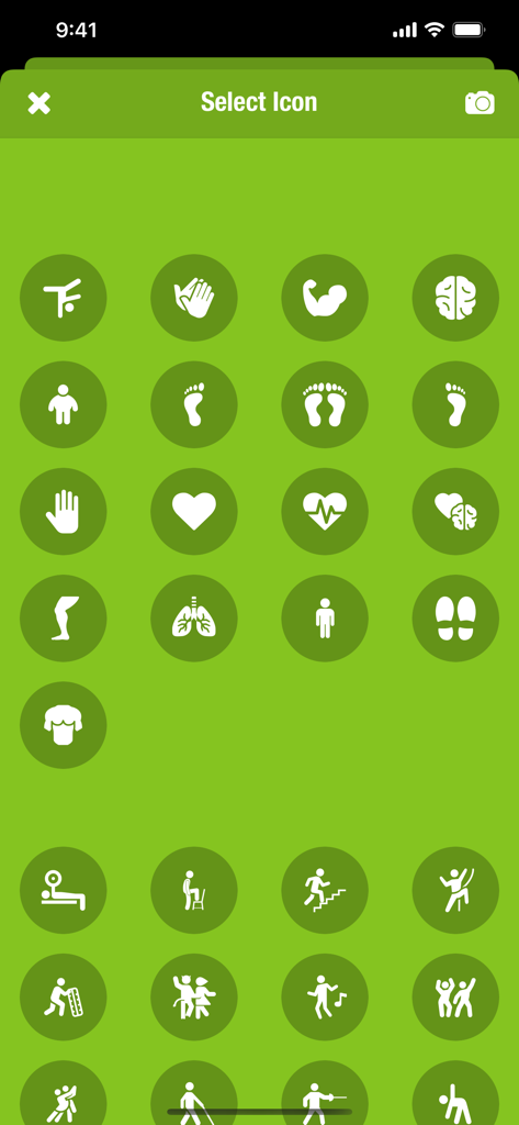 A grid of minimalist fitness and health icons for workout customization on a green background