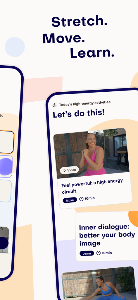 Mila by Camilla Lorentzen - Mila app screen featuring a high energy workout circuit and a body image mindfulness session