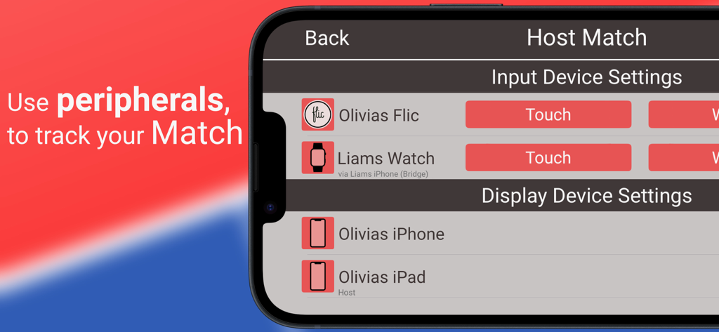 Ein Smartphone-Bildschirm, der die Host-Match-Einstellungen der smartscore App mit Optionen zum Verbinden von Eingabegeräten wie Apple Watch und Flic-Tasten zeigt.