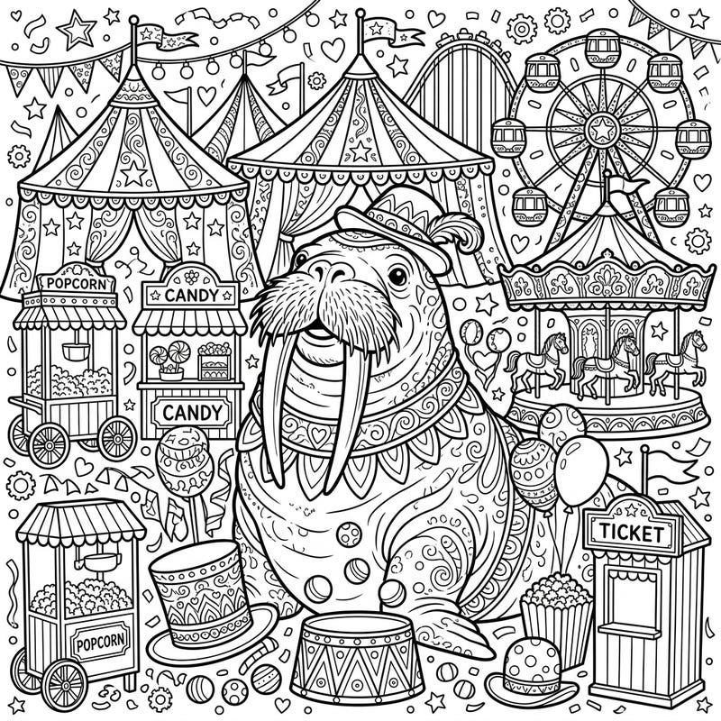Step right up to a world of whimsical wonder with this adult coloring page featuring a charismatic walrus enjoying a vibrant carnival. This intricately detailed scene offers hours of creative escape, perfect for colorists seeking a fun and challenging artistic journey.