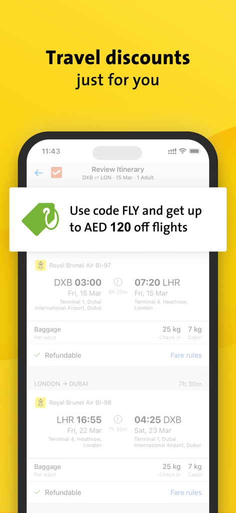 Cleartrip ME | Flight & Hotel - Cleartrip app interface showing a flight itinerary from Dubai to London with a travel discount promo code