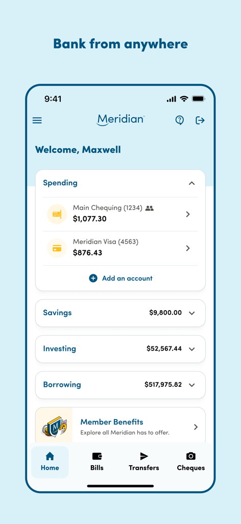 Meridian Mobile Banking - Meridian mobile banking app home screen showing account summaries for spending savings and investing.