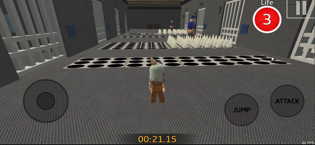Escape  Barry Prison: Obby Run - Gameplay of Escape Barry Prison Obby Run showing a character avoiding spikes in a prison hallway