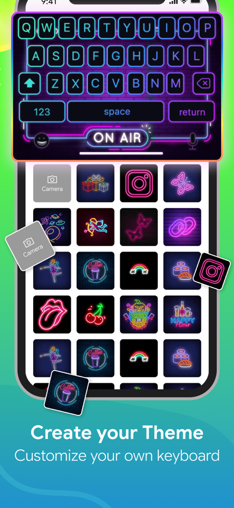 Mobile app interface showing how to create a custom neon LED keyboard theme with glowing RGB icons and backgrounds