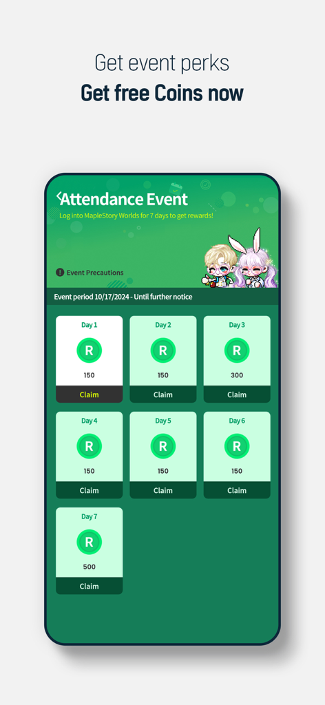 MapleStory Worlds - MapleStory Worlds attendance event screen showing a 7 day login reward system for free coins