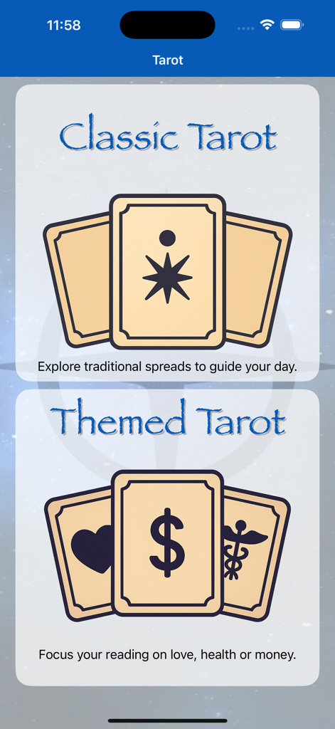 사랑, 건강, 돈에 대한 고전 및 테마 타로 읽기 옵션을 보여주는 일일 타로 앱 화면