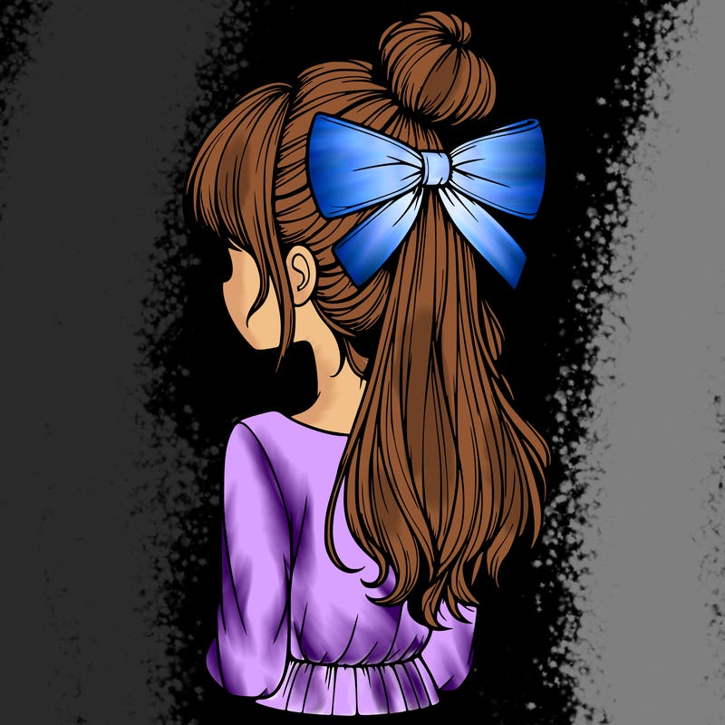realistic girl  with hip length hair a bun and a big bow on the back of head
