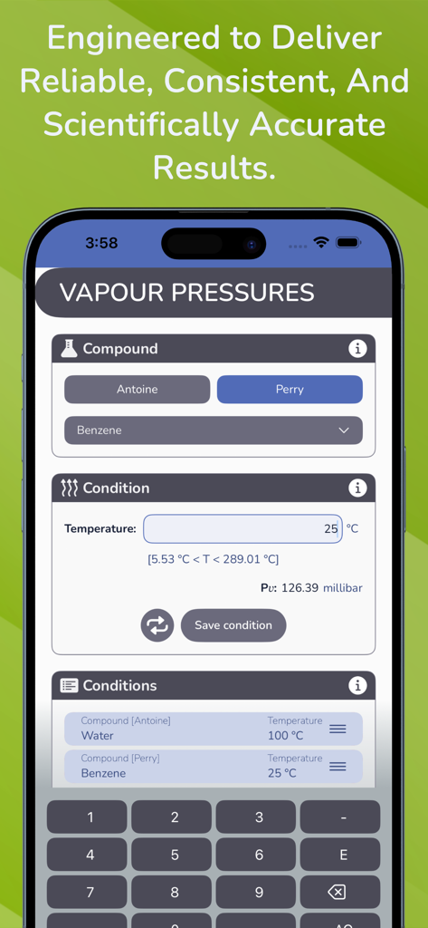 Vapour Pressures app interface for calculating vapor pressure and boiling points
