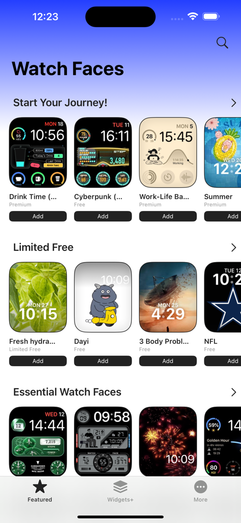 Walbumアプリのインターフェース内に表示される、美的でカスタマイズ可能なApple Watchフェイスのコレクション