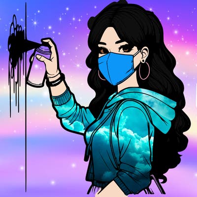 realistic girl with mask spray painting a wall