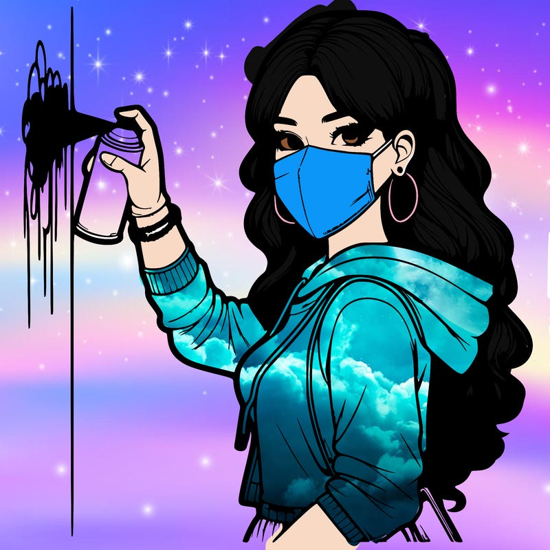 realistic girl with mask spray painting a wall