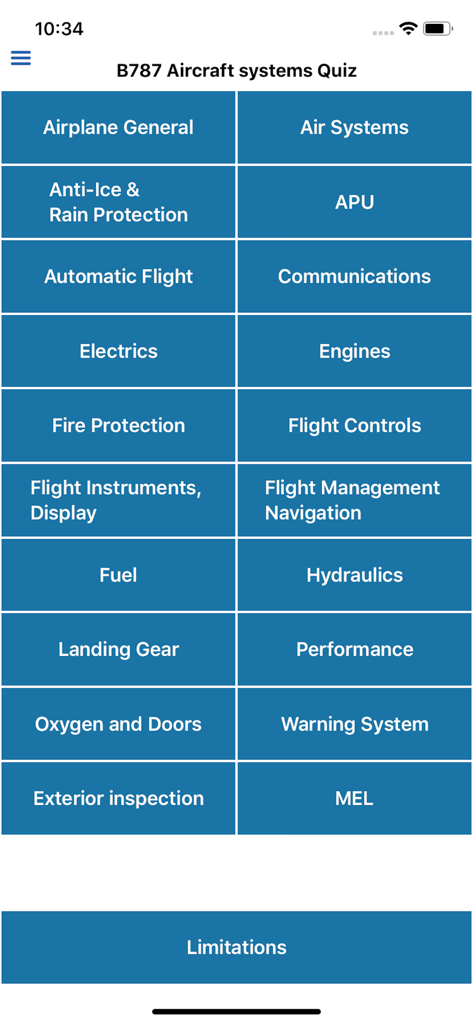A menu interface for the B787 Aircraft systems Quiz featuring categories like Engines, Electrics, Fuel, and Hydraulics