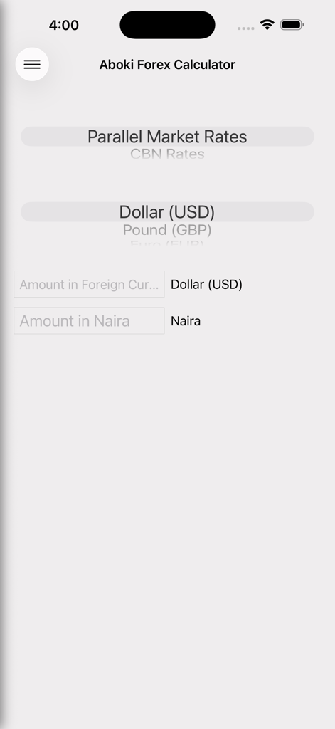 Aboki Forex Currency Converter - Aboki Forex Calculator interface for converting US Dollar to Nigerian Naira with parallel market rate selection
