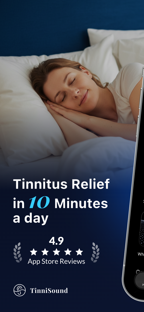 TinniSound: Tinnitus Relief - A woman sleeping peacefully with text overlaying Tinnitus Relief in 10 minutes a day and a 4.9 App Store rating.