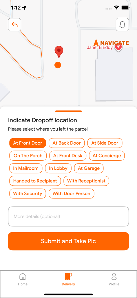 Bytech Systems Services - Bytech app screen for delivery drivers to select a parcel dropoff location and take a confirmation photo.