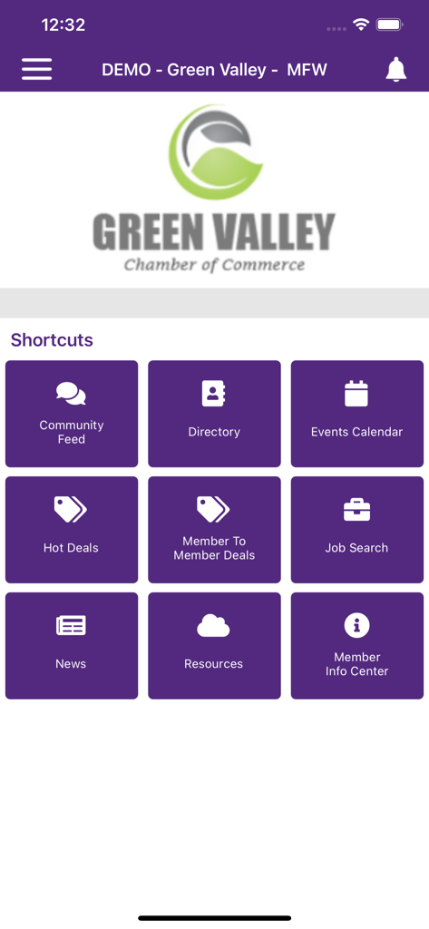 MemberPlus - Startbildschirm der MemberPlus-App mit verschiedenen geschäftlichen Verknüpfungen für eine Handelskammer.
