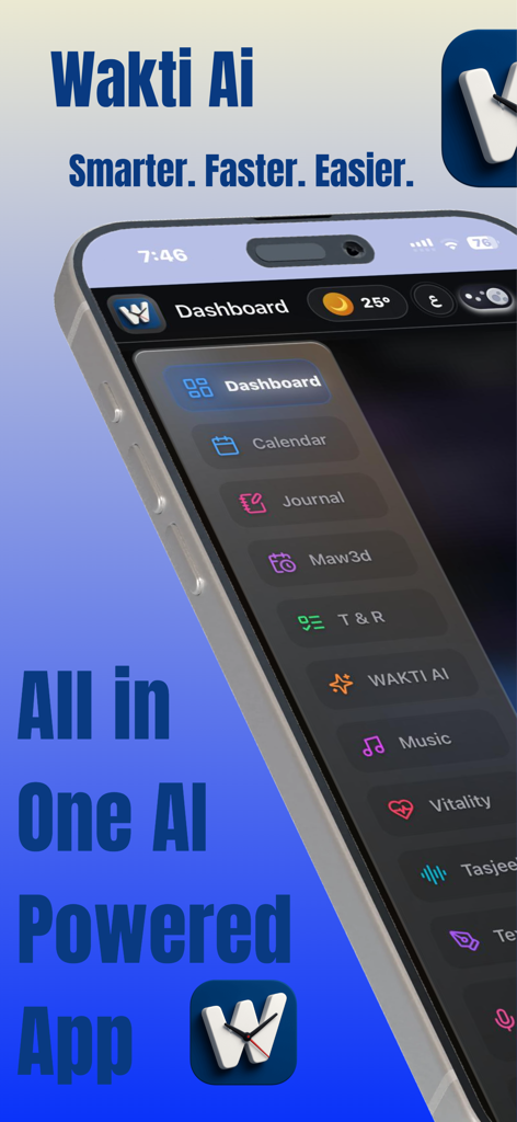 Wakti AI - Wakti AI mobile app dashboard showing various productivity and AI tools