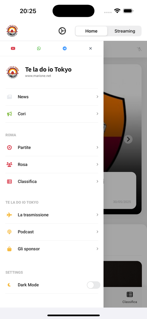 Te la do io Tokyo 2.0 - Navigation menu of the Te la do io Tokyo 2.0 app showing sports and radio sections