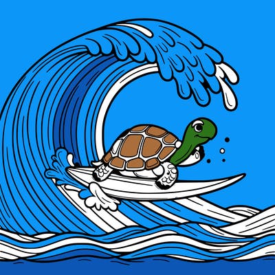a tortoise surfing on a giant wave