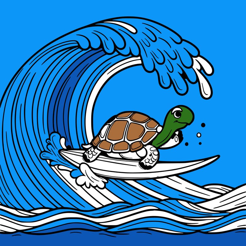 a tortoise surfing on a giant wave
