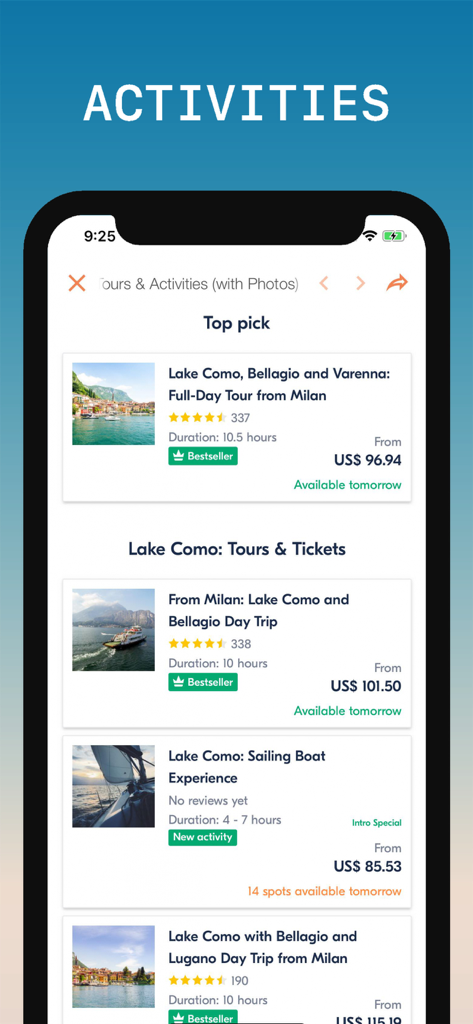 A list of tours and activities for Lake Como including day trips and boat experiences with prices and ratings