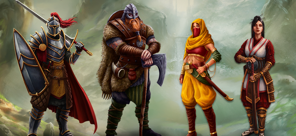 Four diverse medieval warriors representing different nations in Khan Wars