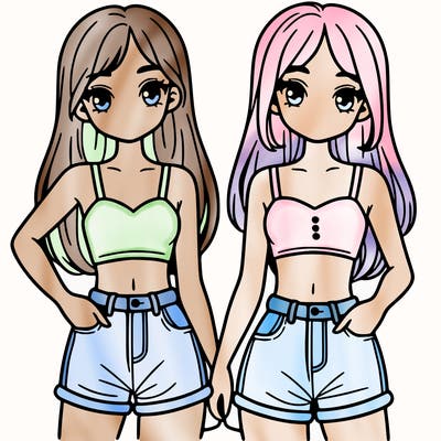two sisters with crop tops and jean shorts and straight hair