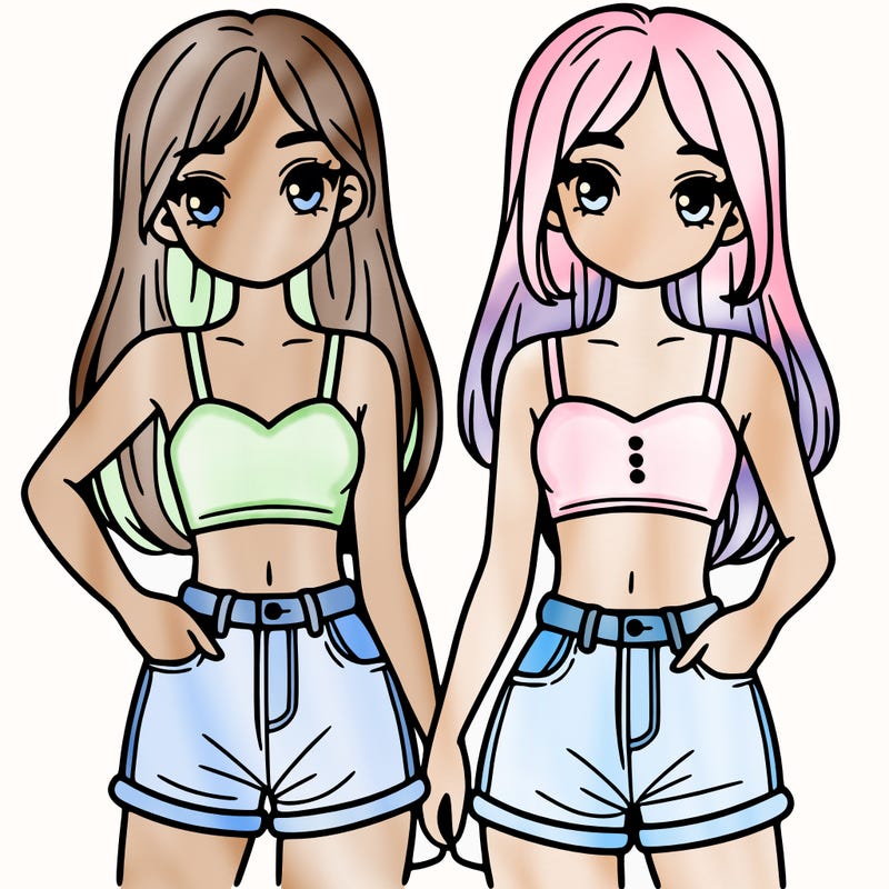 two sisters with crop tops and jean shorts and straight hair