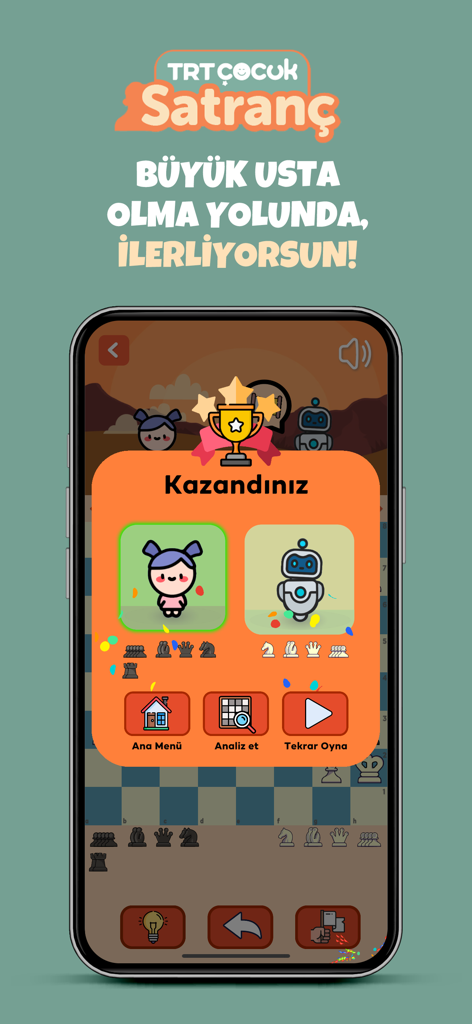 TRT Çocuk Satranç-Hamle Ustası - Victory screen of the TRT Cocuk Satranc app showing a trophy and cute cartoon characters after winning a match