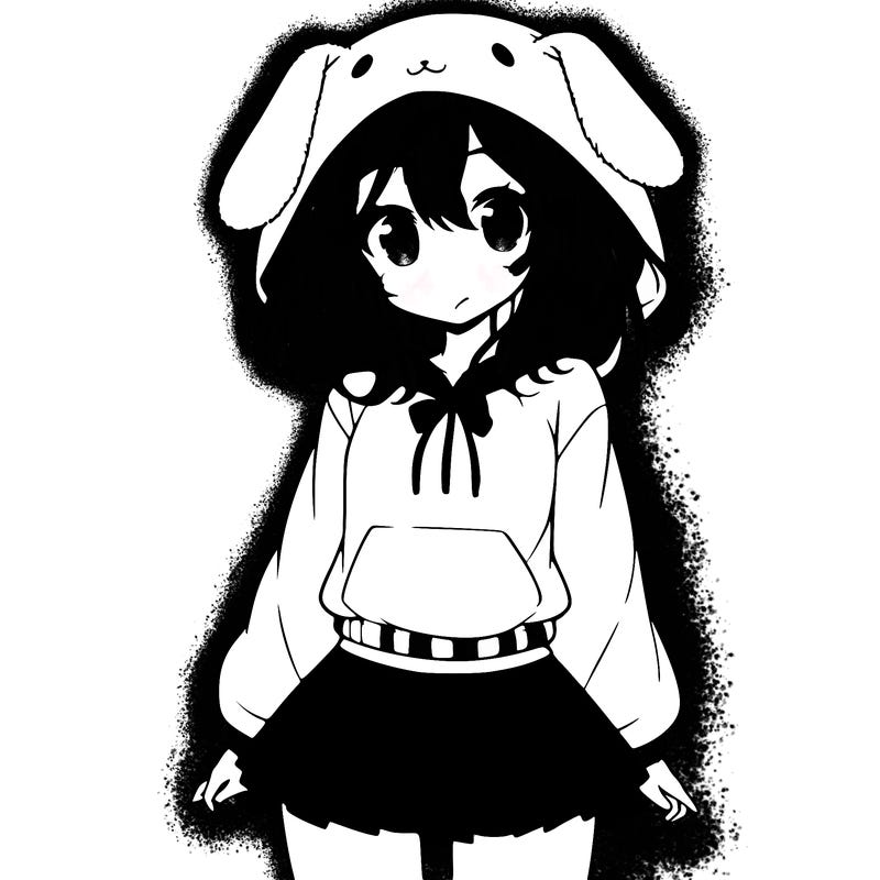 pretty anime girl wearing a fluffy hoodie with bunny ears on the hood and a skirt