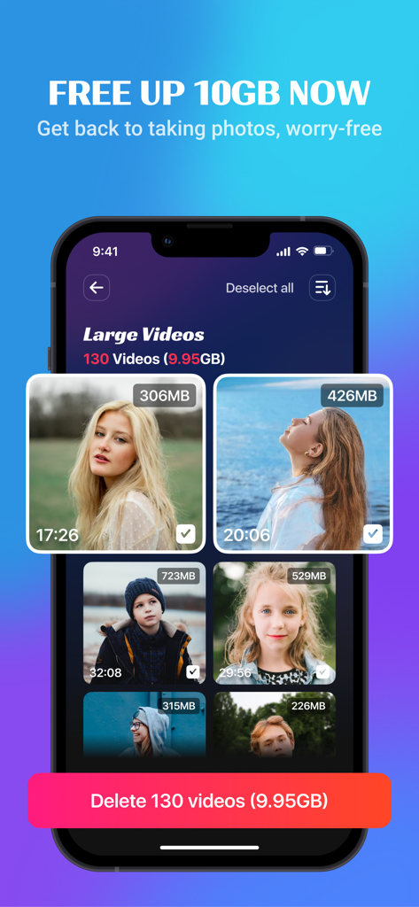 Bingo Album - storage cleaner - Screenshot of Bingo Album app showing the large video cleanup tool to free up phone storage