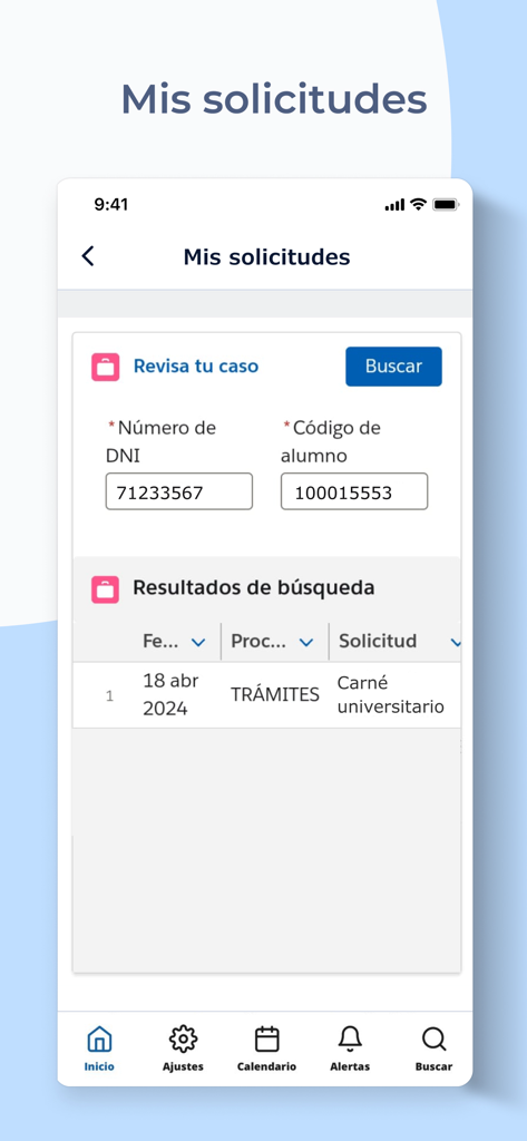 Científica Móvil - Captura de pantalla de la aplicación Científica Móvil que muestra la pantalla Mis Solicitudes con una tabla de seguimiento de estado para trámites administrativos estudiantiles