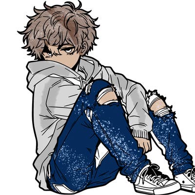 a male hoddie ripped jeans messy hair anime