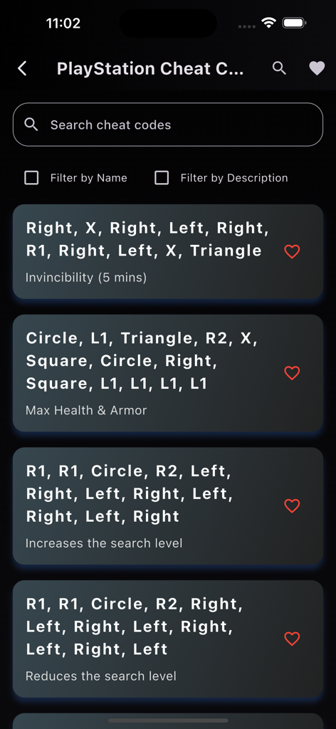 A list of PlayStation cheat codes for GTA V including invincibility and max health in a mobile app interface.