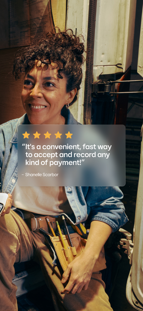 Square Invoices: Invoice Maker - A smiling woman contractor with a five star review of the Square Invoices app describing it as a fast way to accept payments