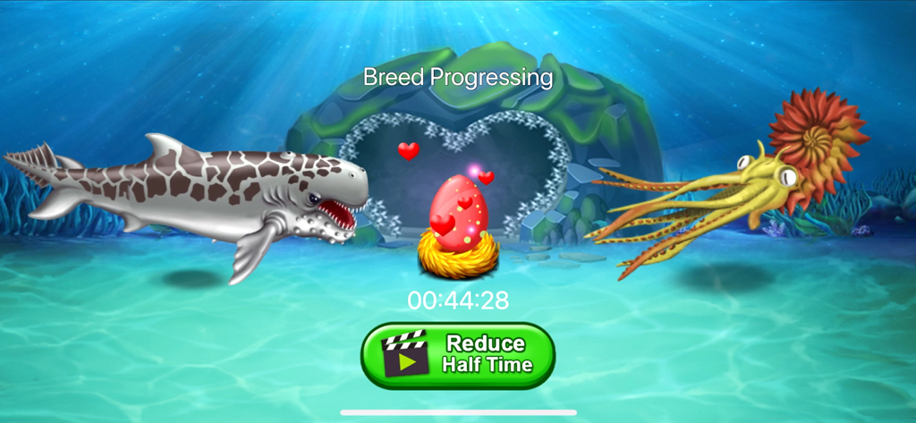 A breeding progress screen in the Dino Water World game showing two sea creatures and a dinosaur egg in a nest