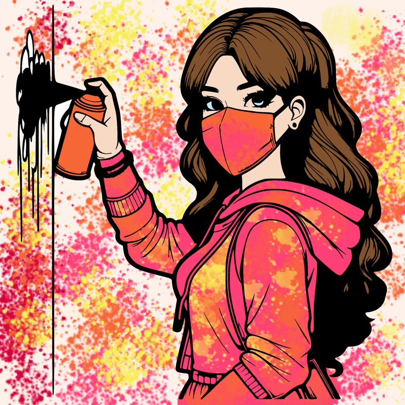 realistic girl with mask spray painting a wall