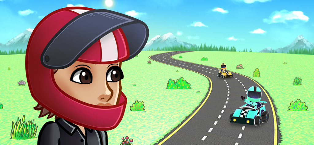 Ein 2D-Charakter trägt einen roten Rennhelm mit Go-Karts, die auf einer kurvigen Strecke im Hintergrund fahren.