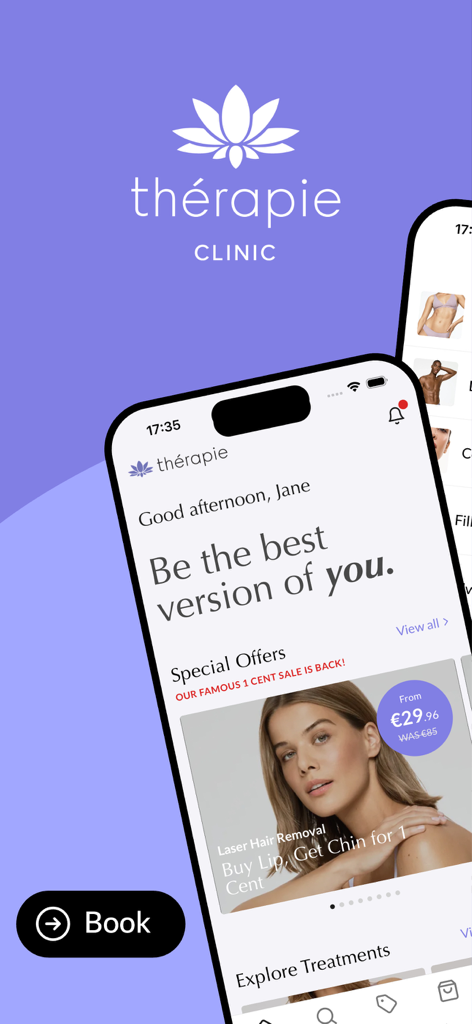 Home screen of the Therapie Clinic app showcasing medical aesthetic treatment deals and a booking option.