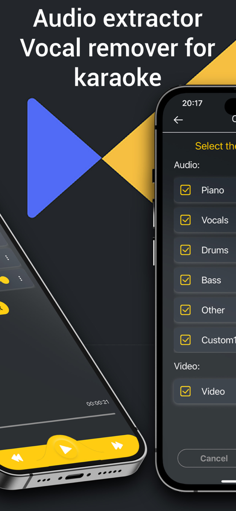 Vocal Remover, Audio Extractor - カラオケ用にピアノ、ボーカル、ドラム、ベースを分離するメニューを表示するモバイルアプリ画面。